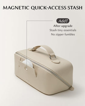 EACHY Travel Makeup Bag beige medium lifestyle scene on a vanity