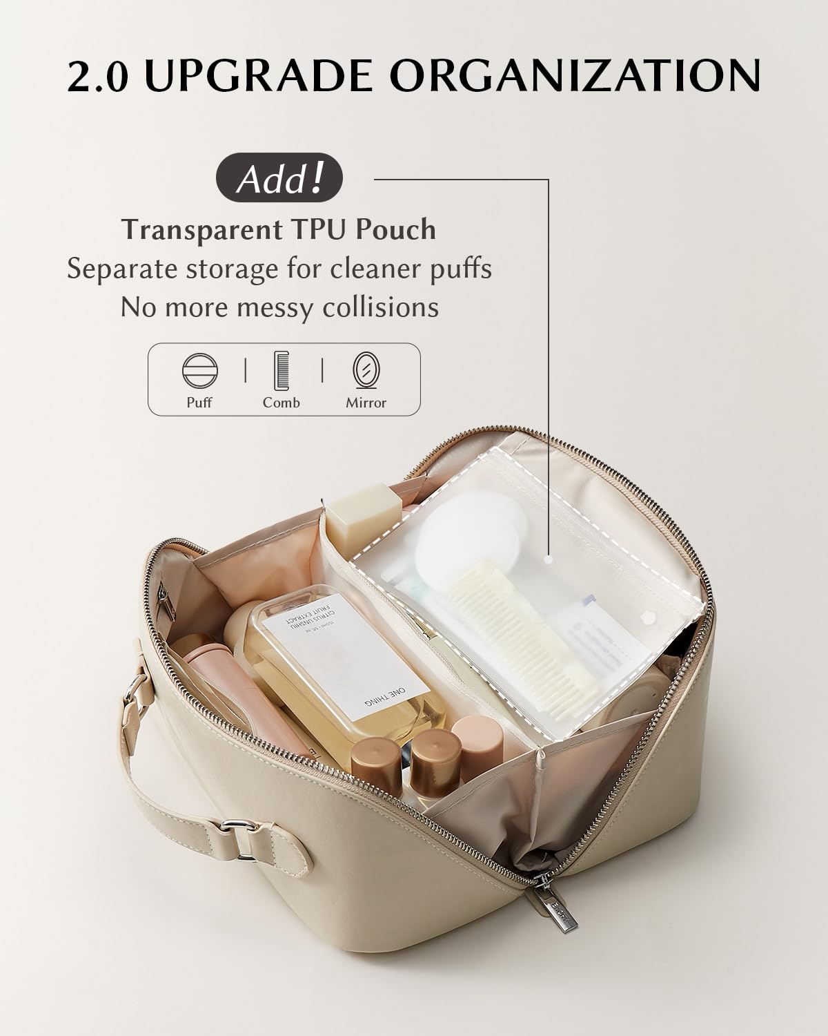 EACHY Travel Makeup Bag beige medium open view displaying ample storage