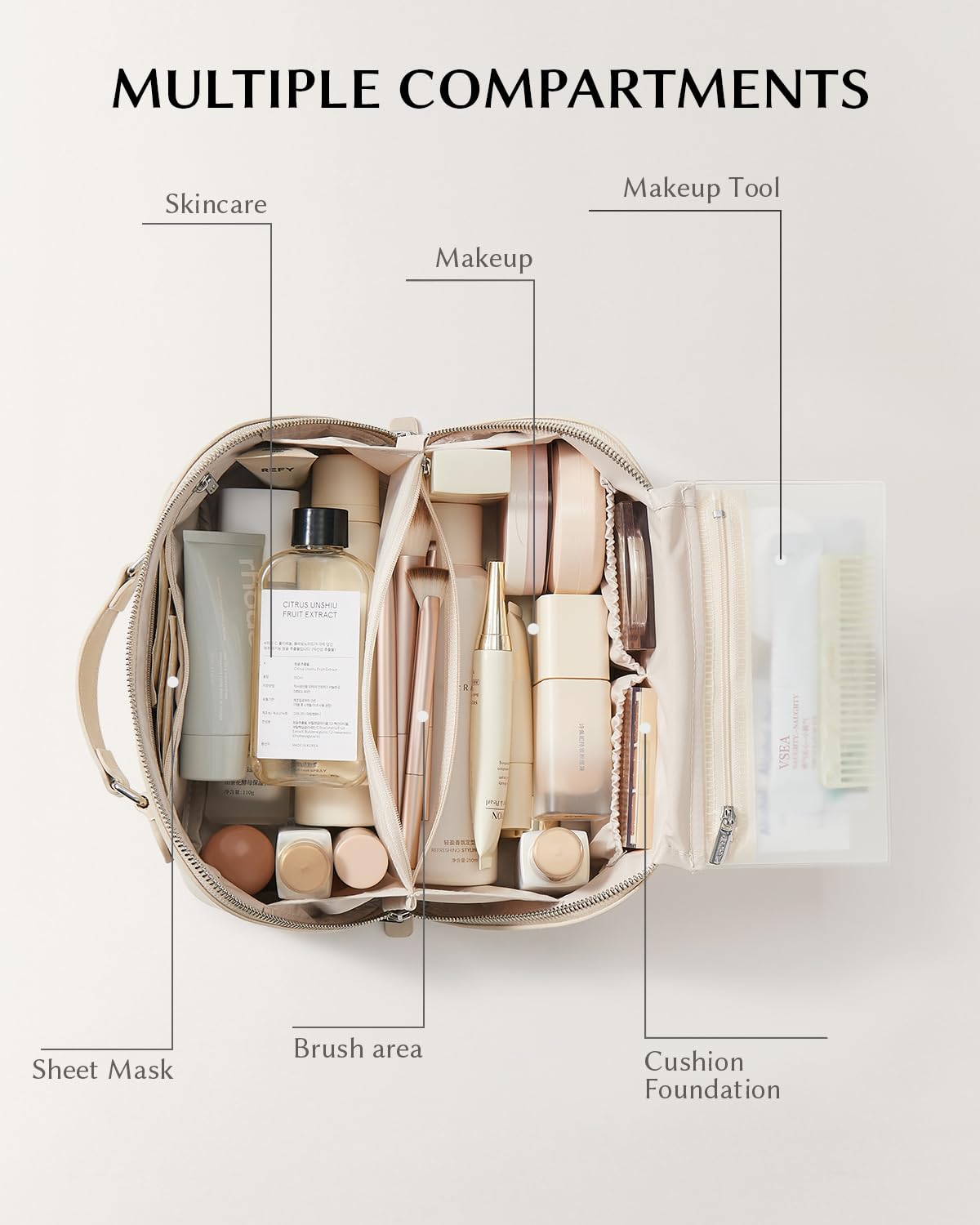 EACHY Travel Makeup Bag beige medium side view showing waterproof brush pouch