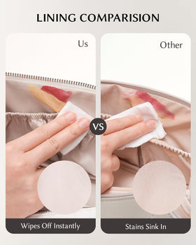 EACHY Travel Makeup Bag beige medium with makeup brushes inside waterproof pouch