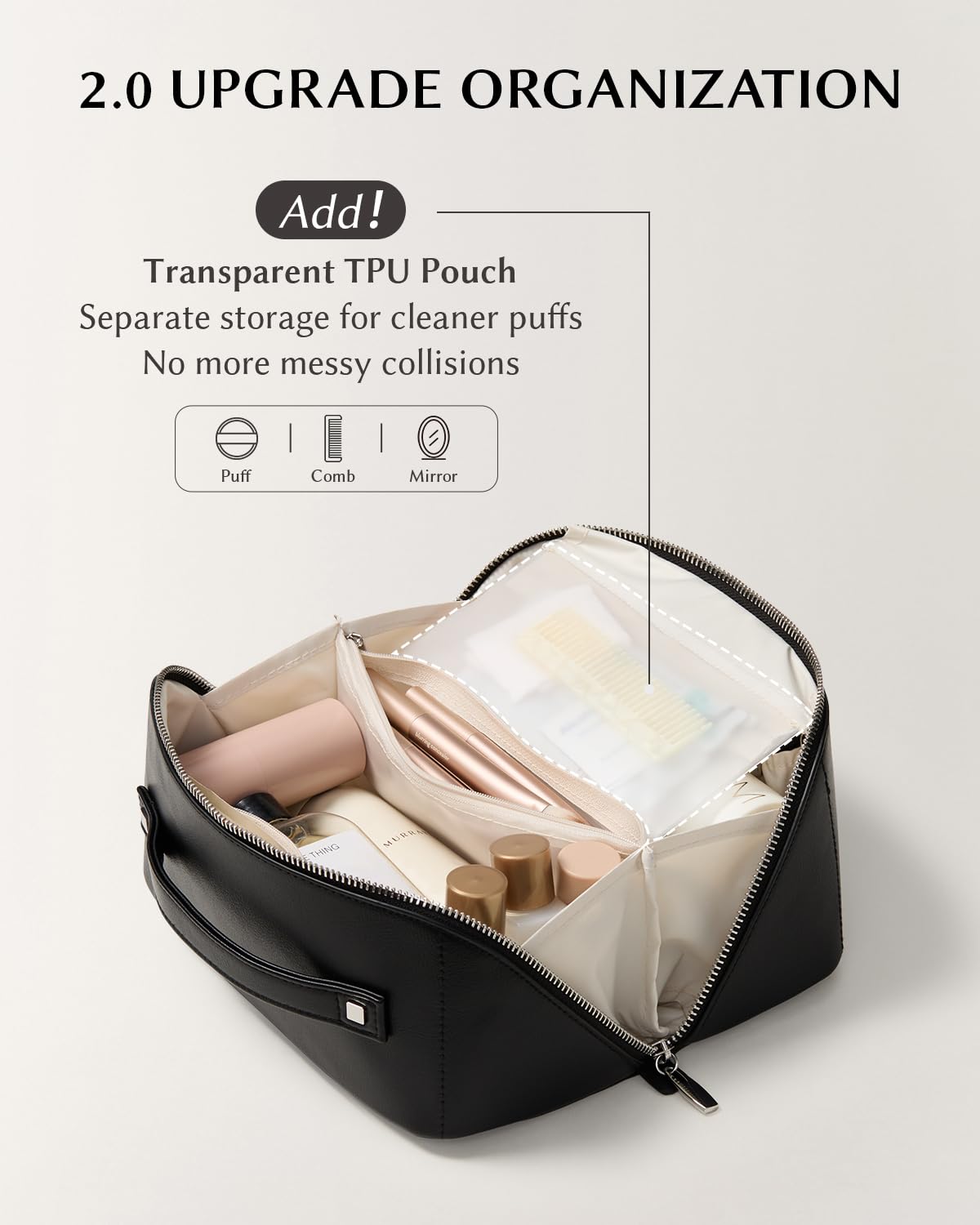 EACHY Travel Makeup Bag black open with cosmetics inside