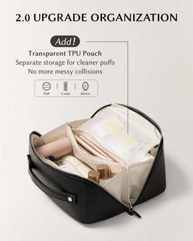 EACHY Travel Makeup Bag black open with cosmetics inside