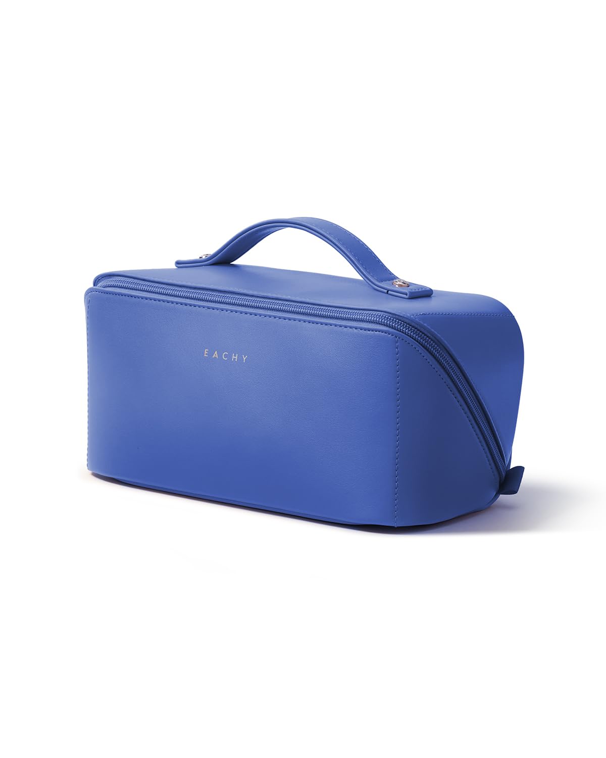 EACHY Travel Makeup Bag blue front view with flat open design