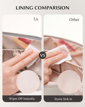 EACHY Travel Makeup Bag blue model side view with clear TPU compartment