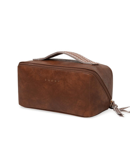 EACHY Travel Makeup Bag brown front view with flat opening