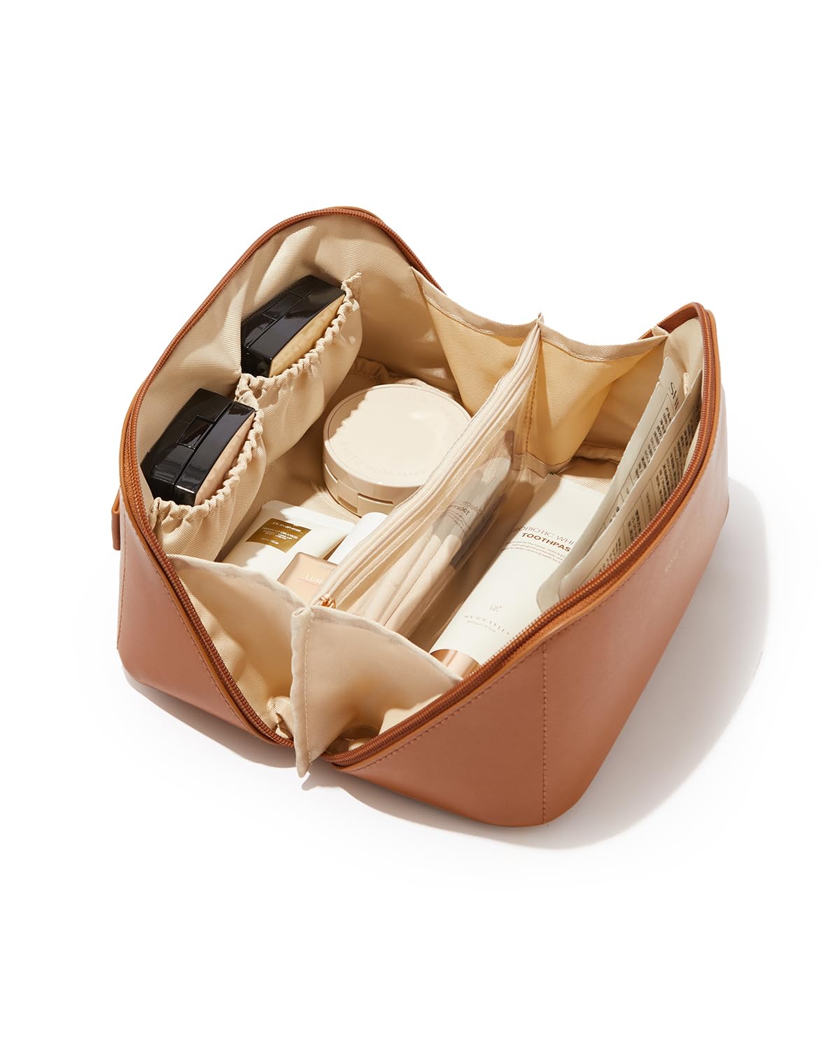 EACHY Travel Makeup Bag brown front view with open-flat design