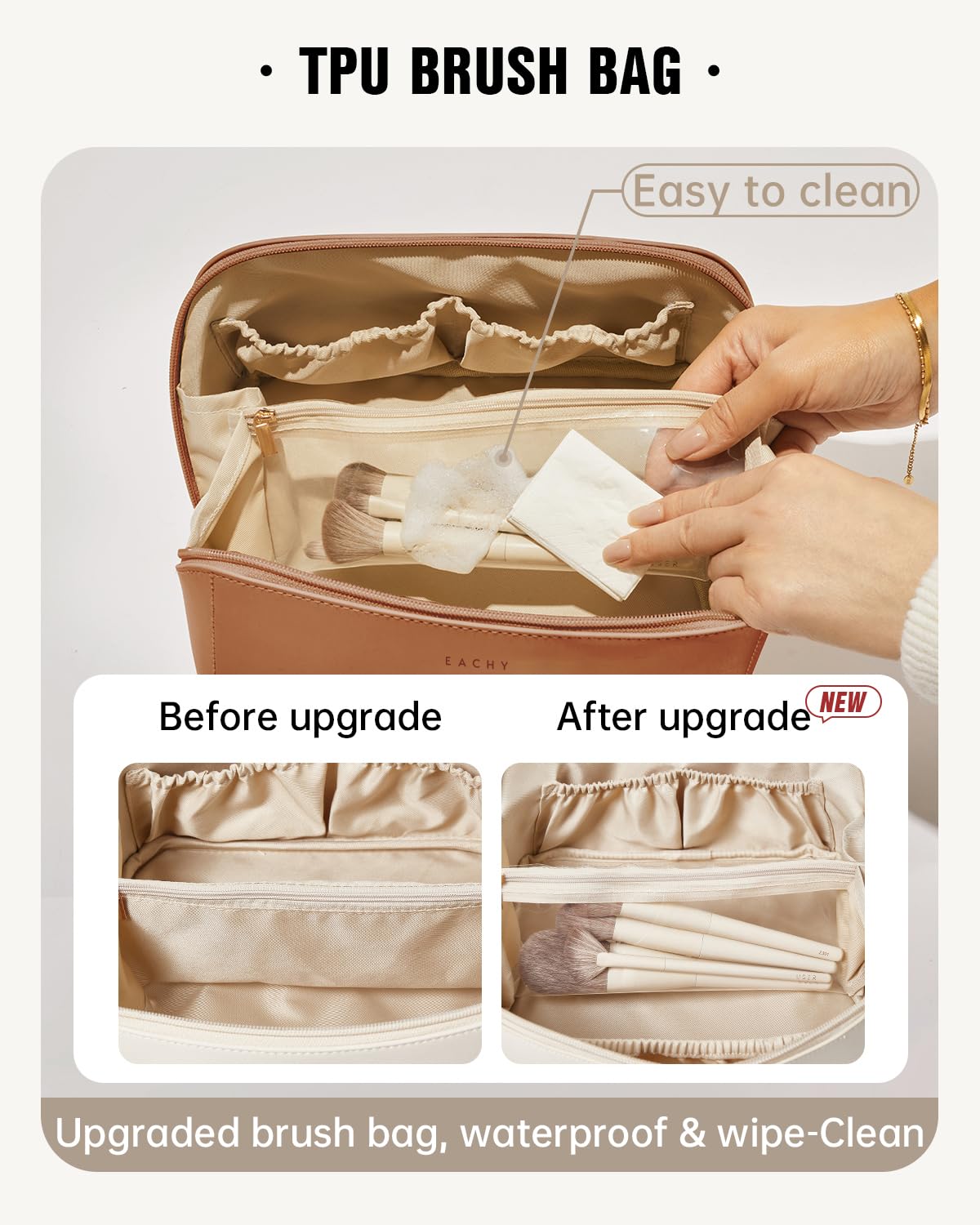 EACHY Travel Makeup Bag brown interior layout with brushes