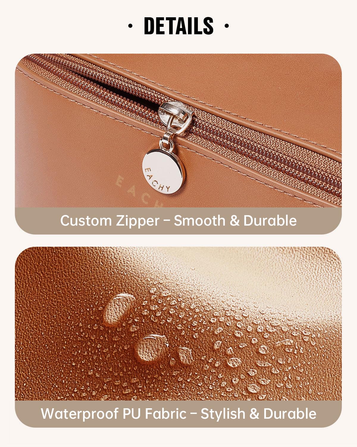 EACHY Travel Makeup Bag brown on bathroom counter