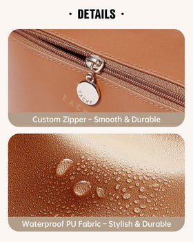 EACHY Travel Makeup Bag brown on bathroom counter