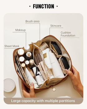 EACHY Travel Makeup Bag brown side view showing large capacity