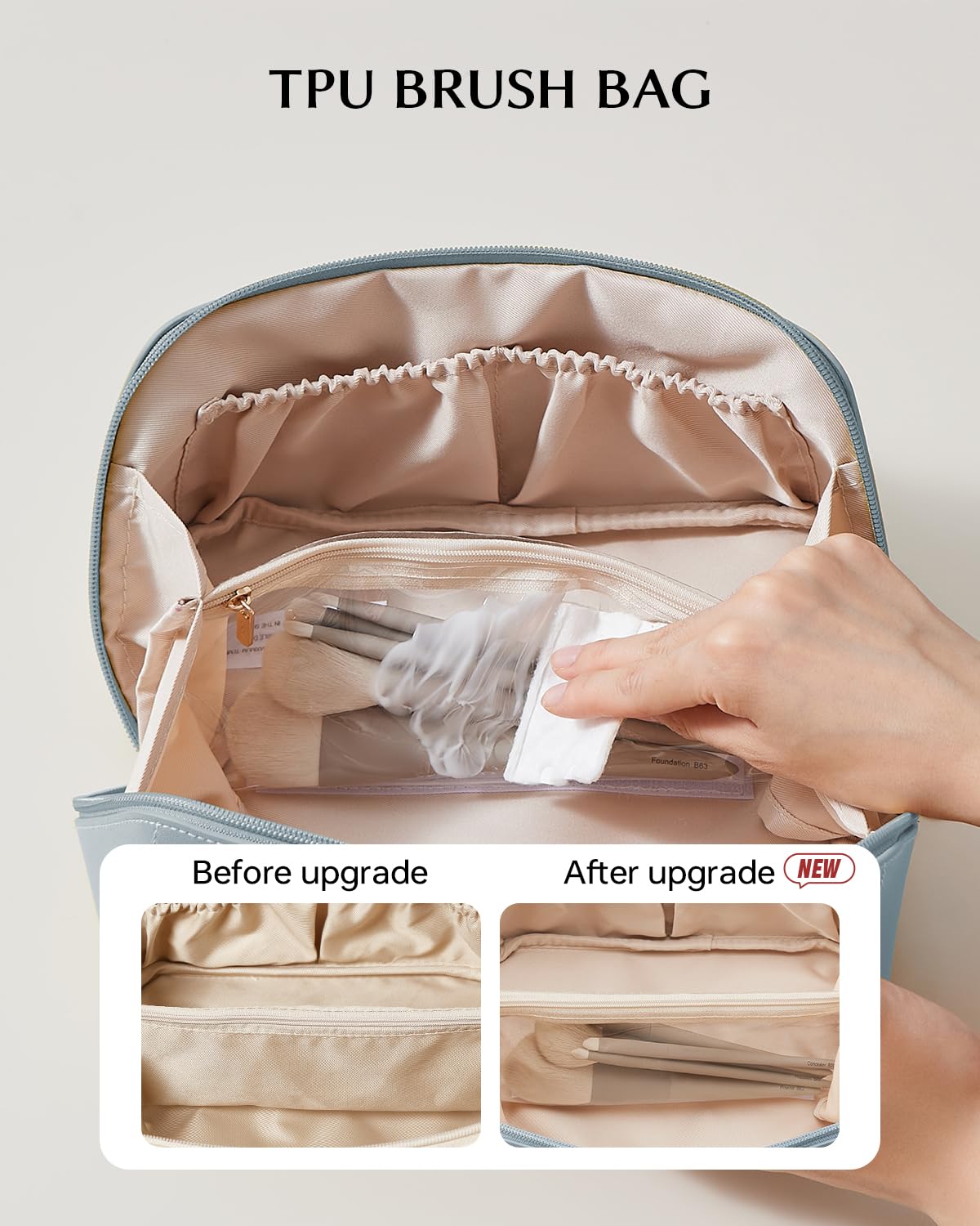 EACHY Travel Makeup Bag close-up of clear TPU brush compartment