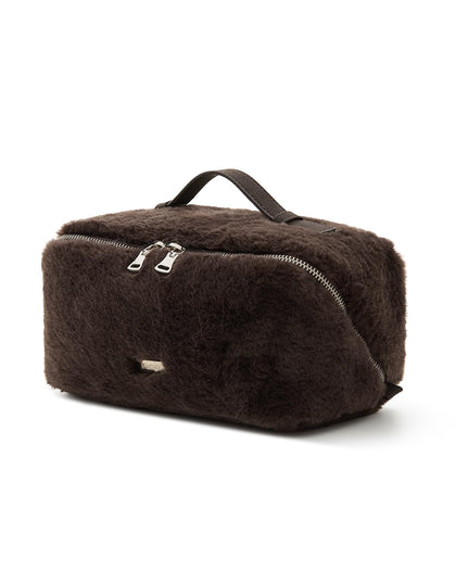 EACHY Travel Makeup Bag front view in brown faux fur