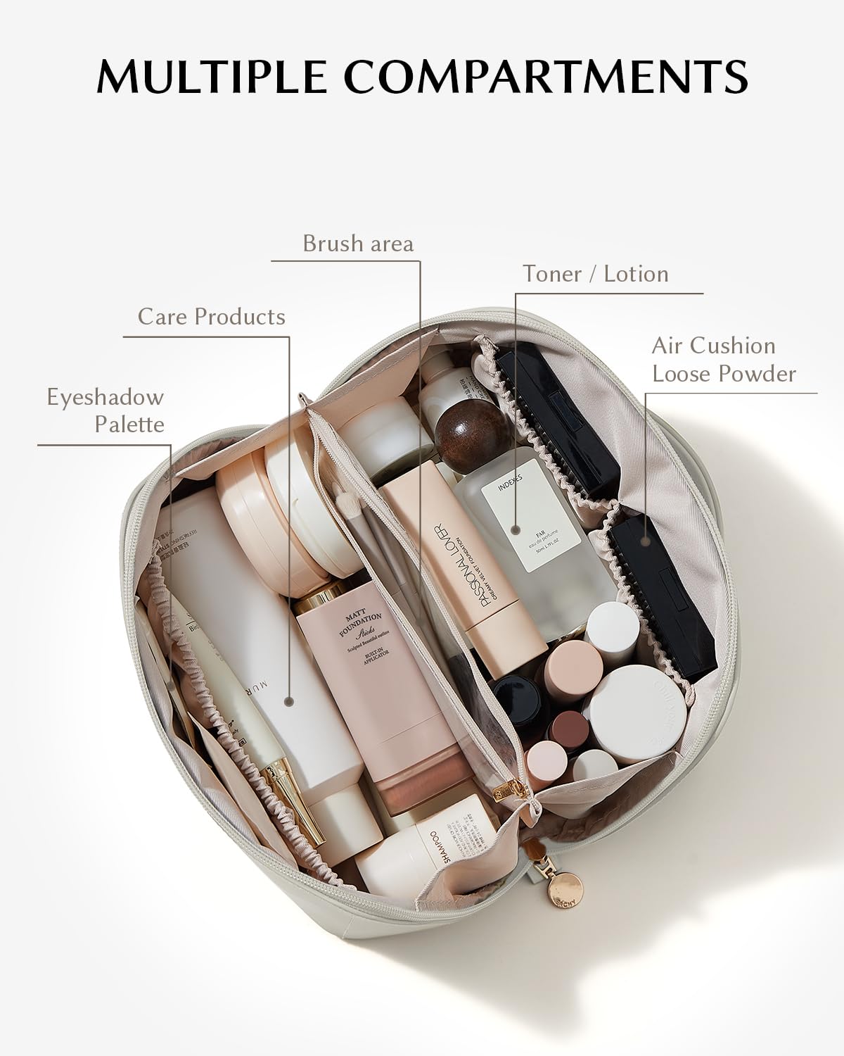 EACHY Travel Makeup Bag gray flat open showing cosmetics