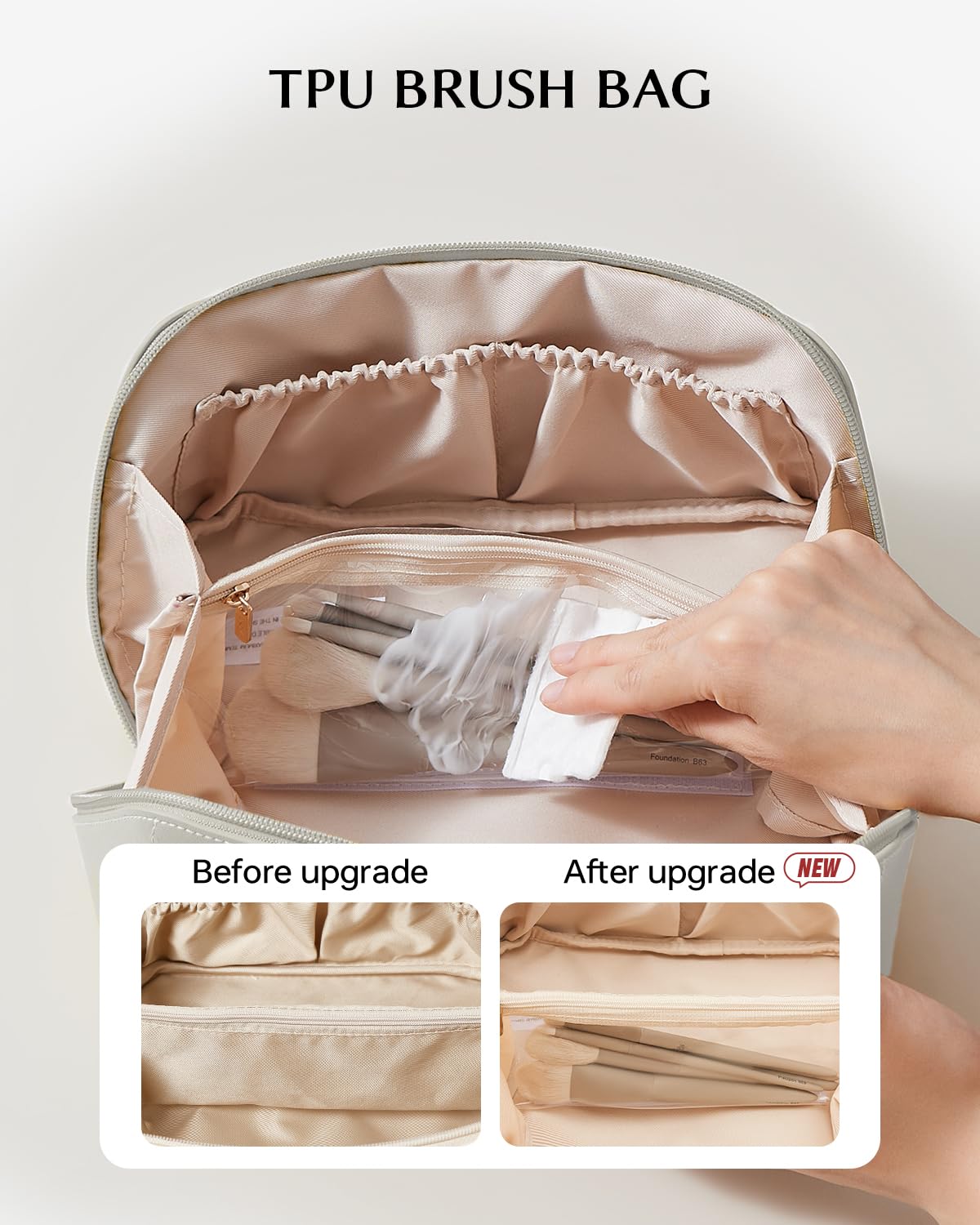 EACHY Travel Makeup Bag gray side view with zipper