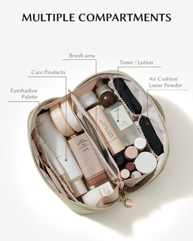 EACHY Travel Makeup Bag green fully opened showing cosmetics