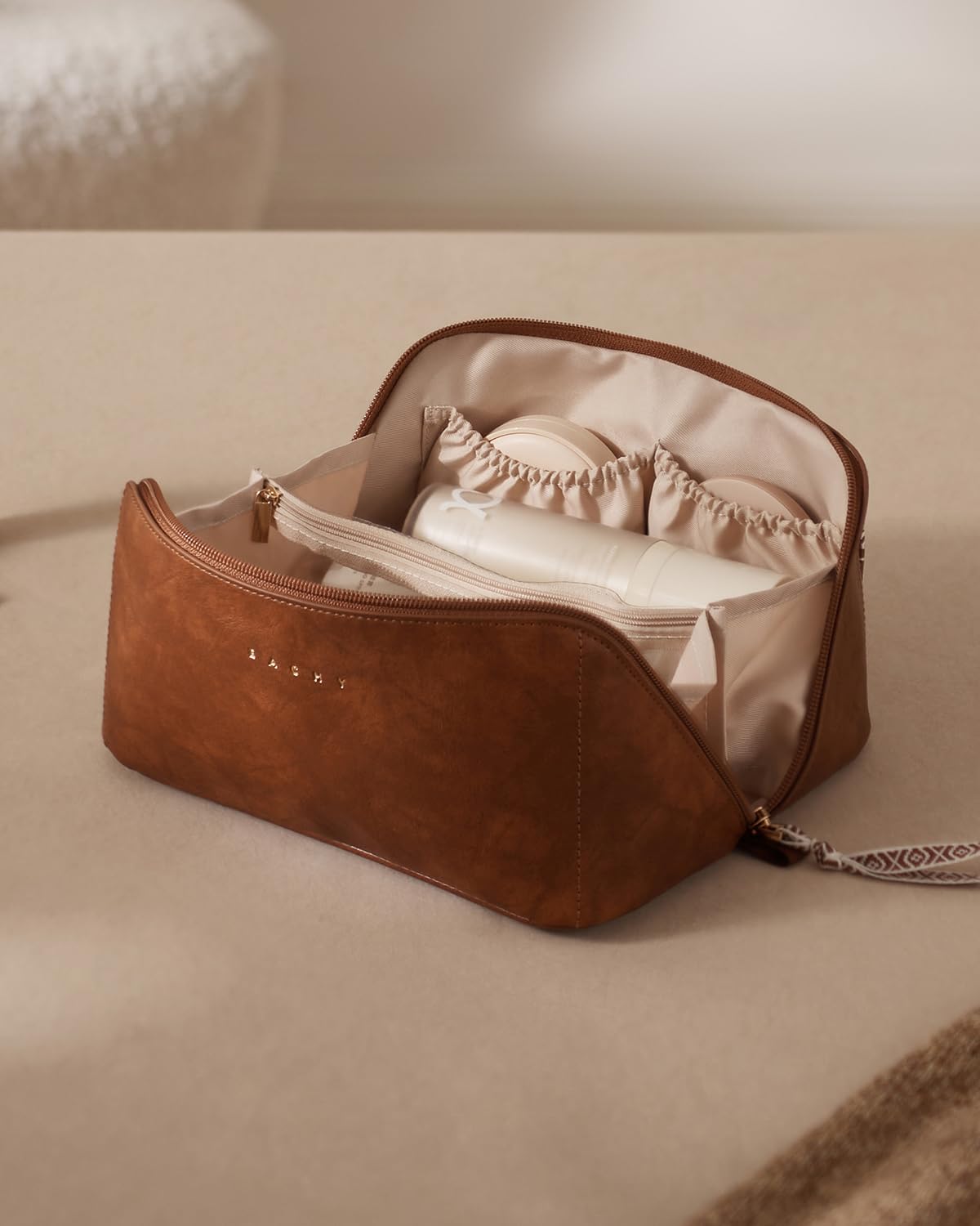 EACHY Travel Makeup Bag in a travel setting