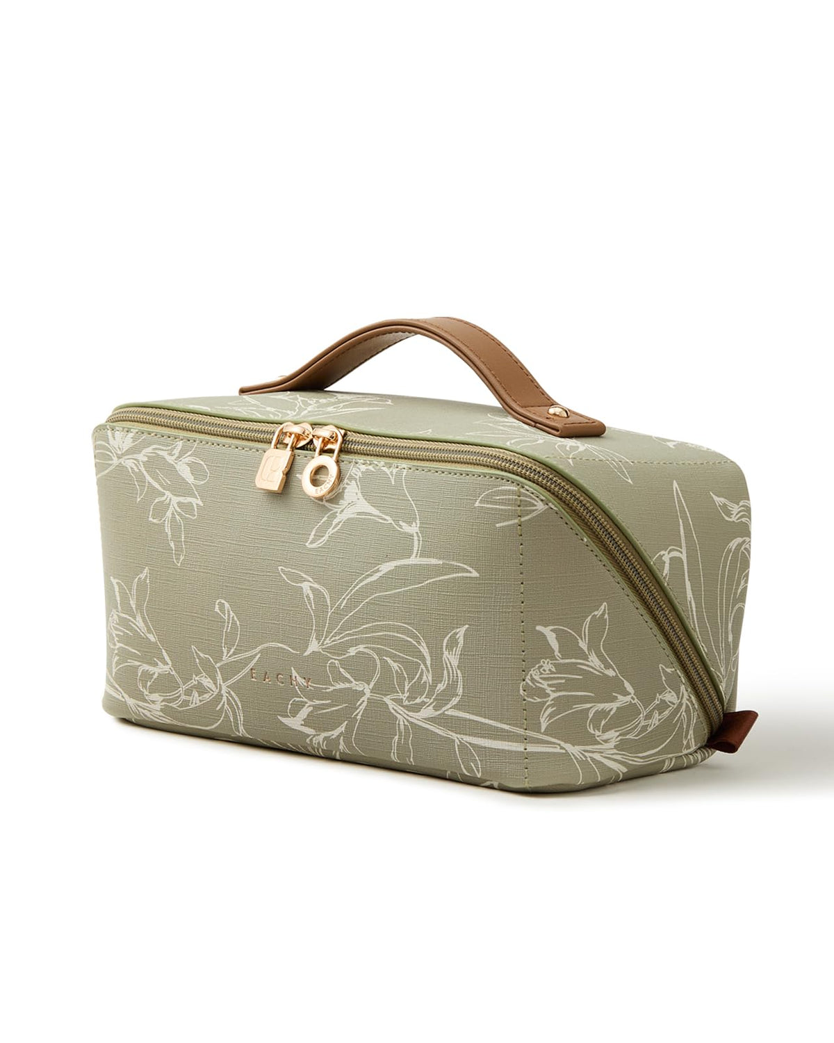 EACHY Travel Makeup Bag in floral design, green colour, front view