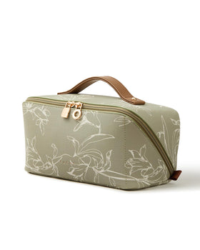 EACHY Travel Makeup Bag in floral design, green colour, front view