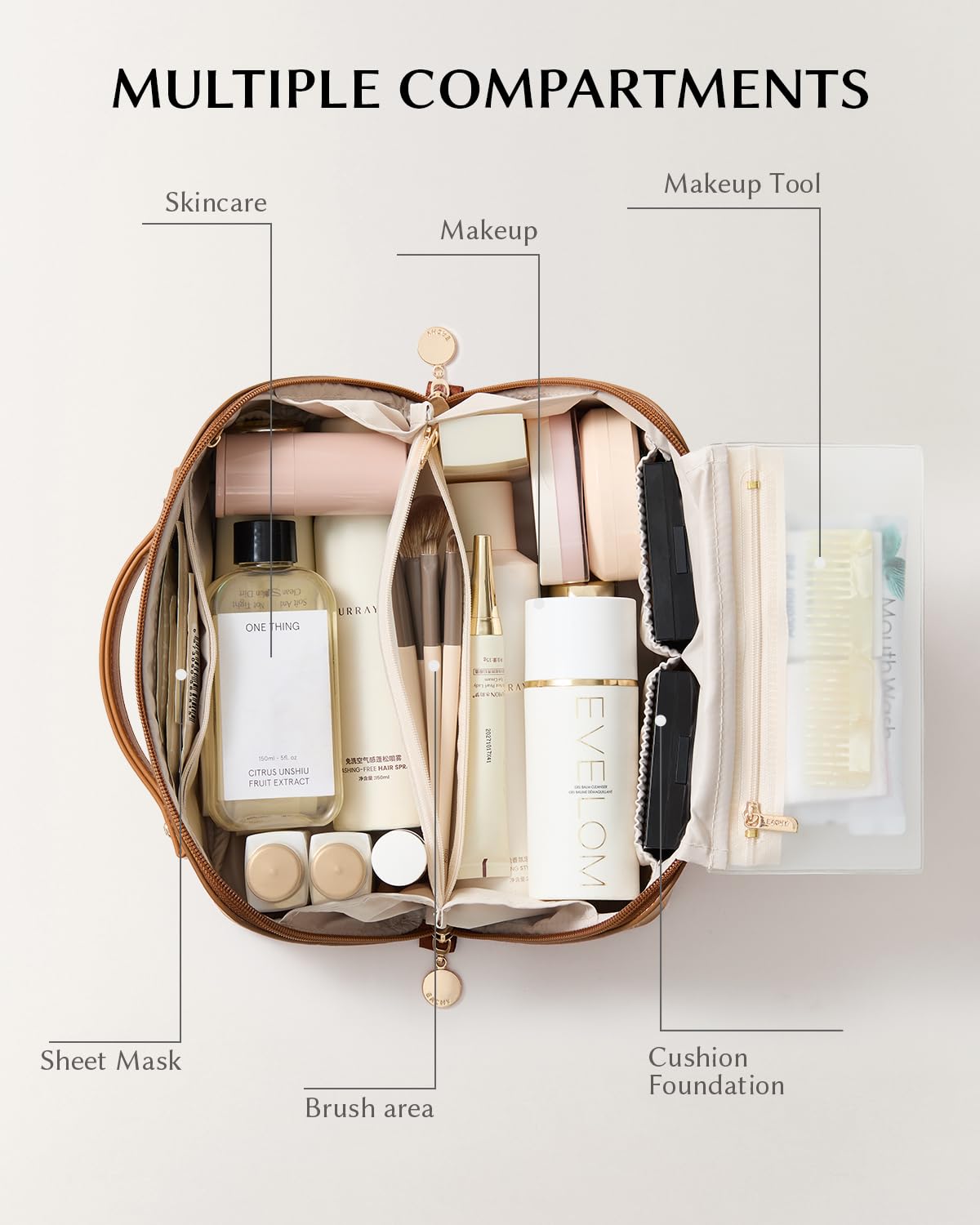 EACHY Travel Makeup Bag interior with compartments