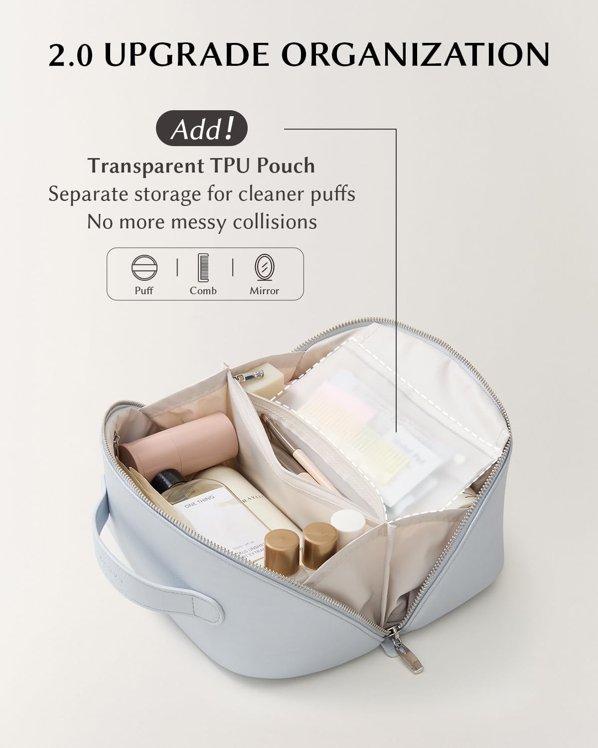 EACHY Travel Makeup Bag interior with compartments for brushes and cosmetics