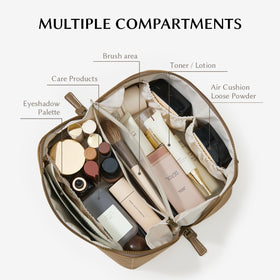 EACHY Travel Makeup Bag khaki flat-open design showcasing interior