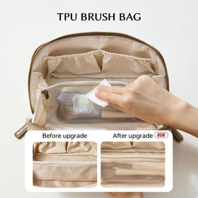 EACHY Travel Makeup Bag khaki with cosmetics and brushes inside