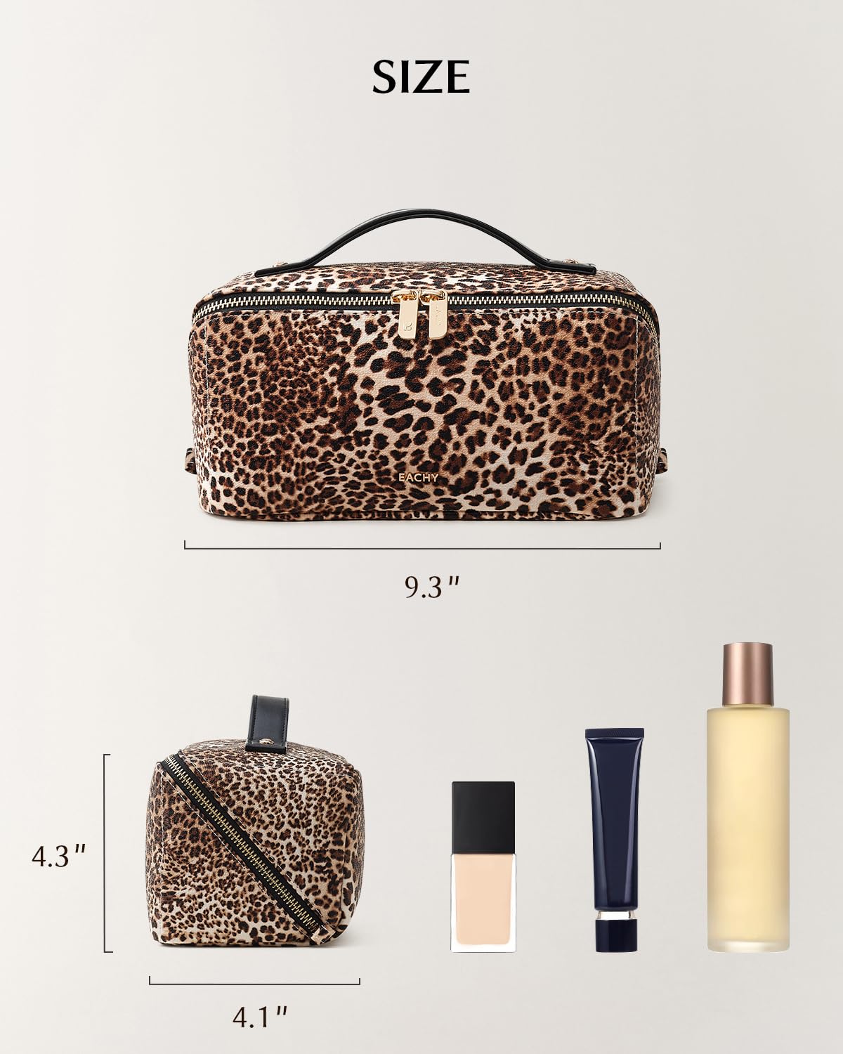 EACHY Travel Makeup Bag Leopard Print open with compartments