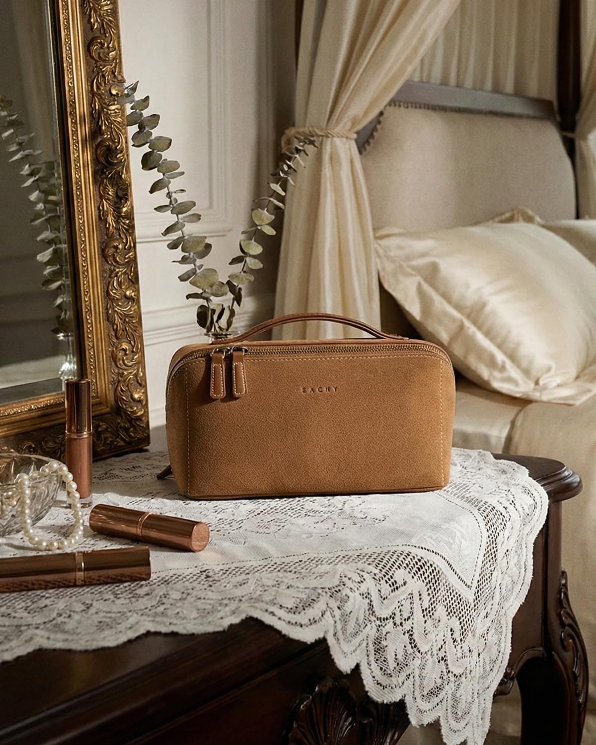 EACHY Travel Makeup Bag lifestyle scene on vanity