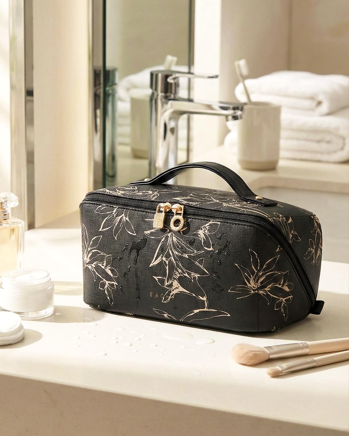 EACHY Travel Makeup Bag lifestyle scene with cosmetics