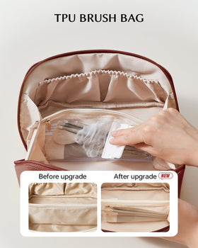 EACHY Travel Makeup Bag Medium Red side view with PU leather texture