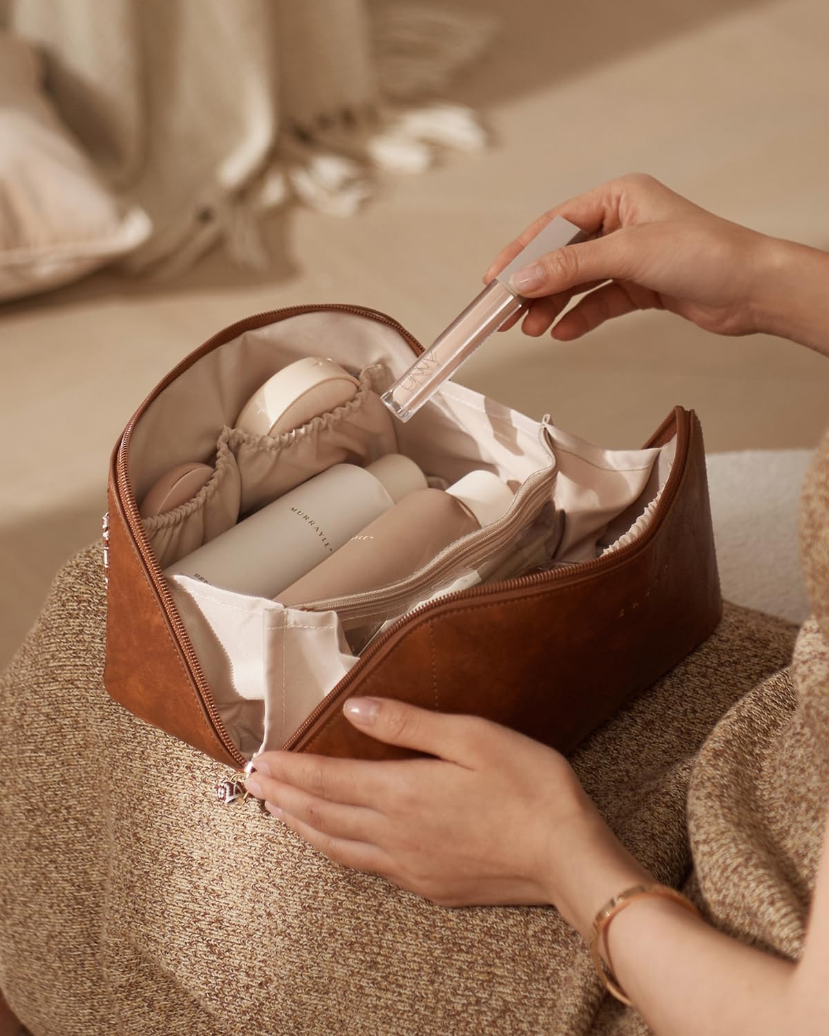 EACHY Travel Makeup Bag on a bathroom counter