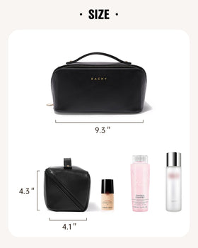 EACHY Travel Makeup Bag on bathroom counter with toiletries