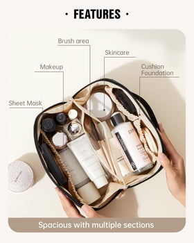 EACHY Travel Makeup Bag open-flat design showing contents