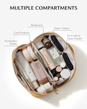 EACHY Travel Makeup Bag open-flat design showing cosmetics
