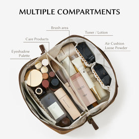EACHY Travel Makeup Bag open flat showing compartments