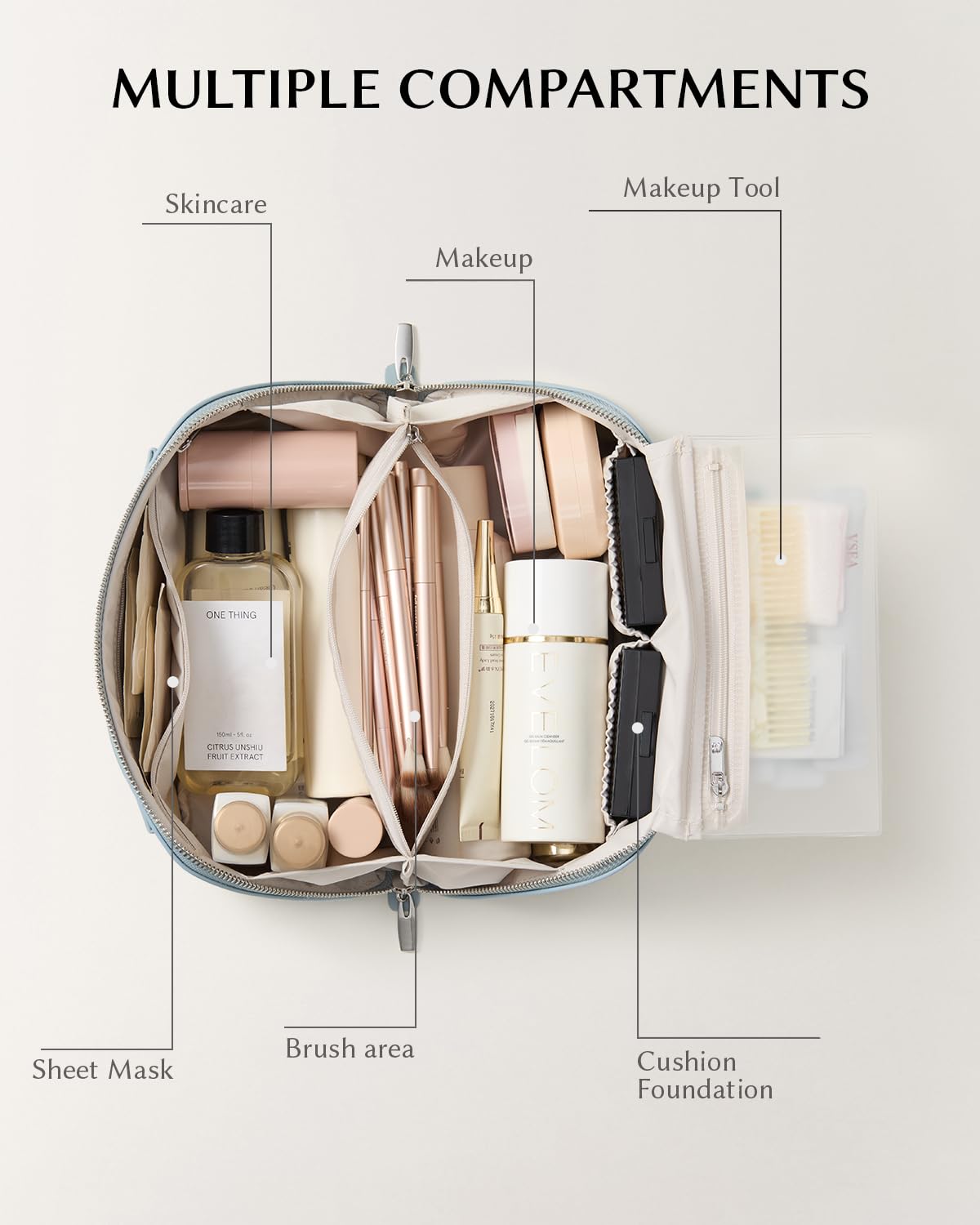 EACHY Travel Makeup Bag open flat showing compartments