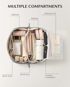 EACHY Travel Makeup Bag open flat showing compartments
