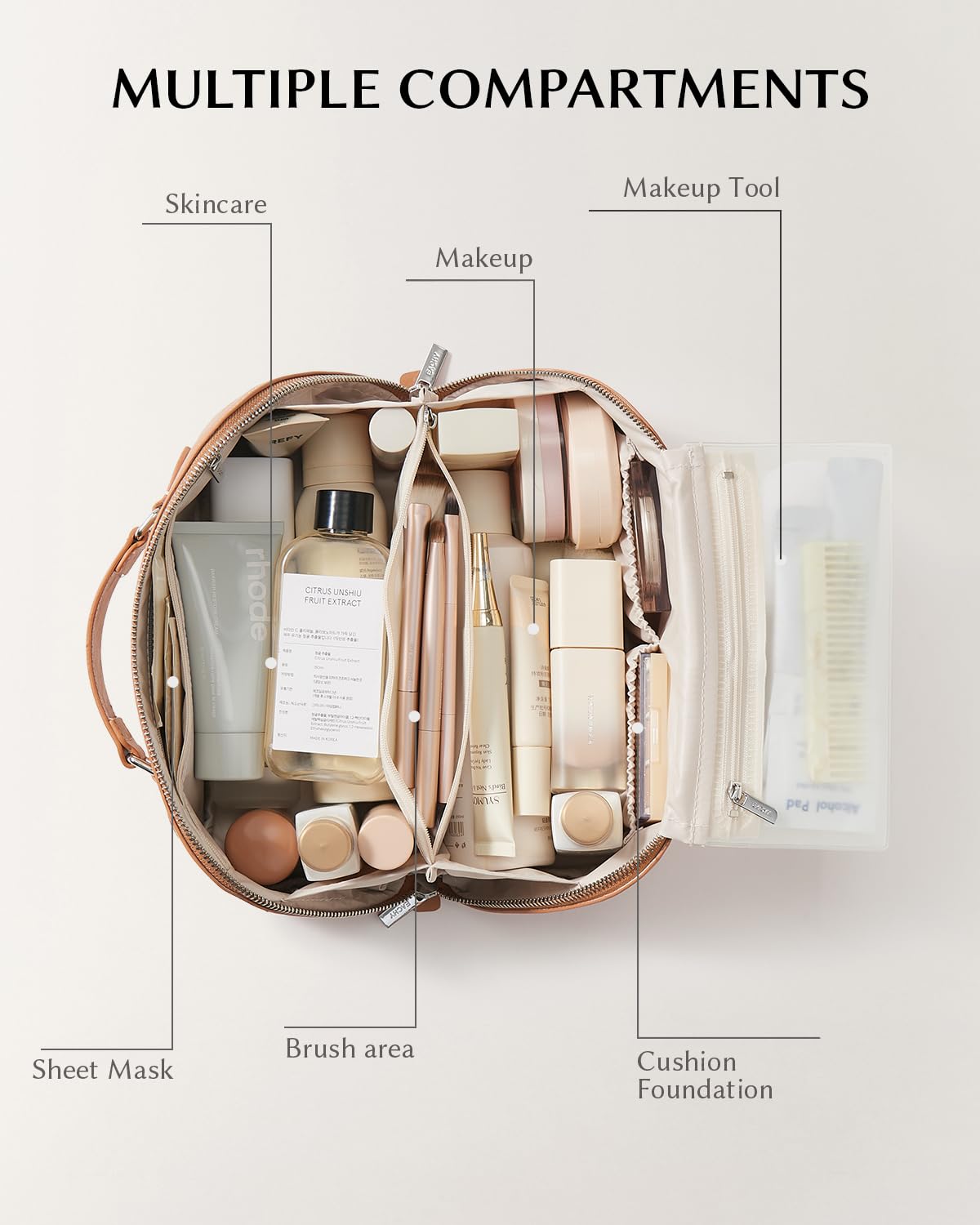EACHY Travel Makeup Bag open showing storage compartments