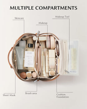 EACHY Travel Makeup Bag open showing storage compartments