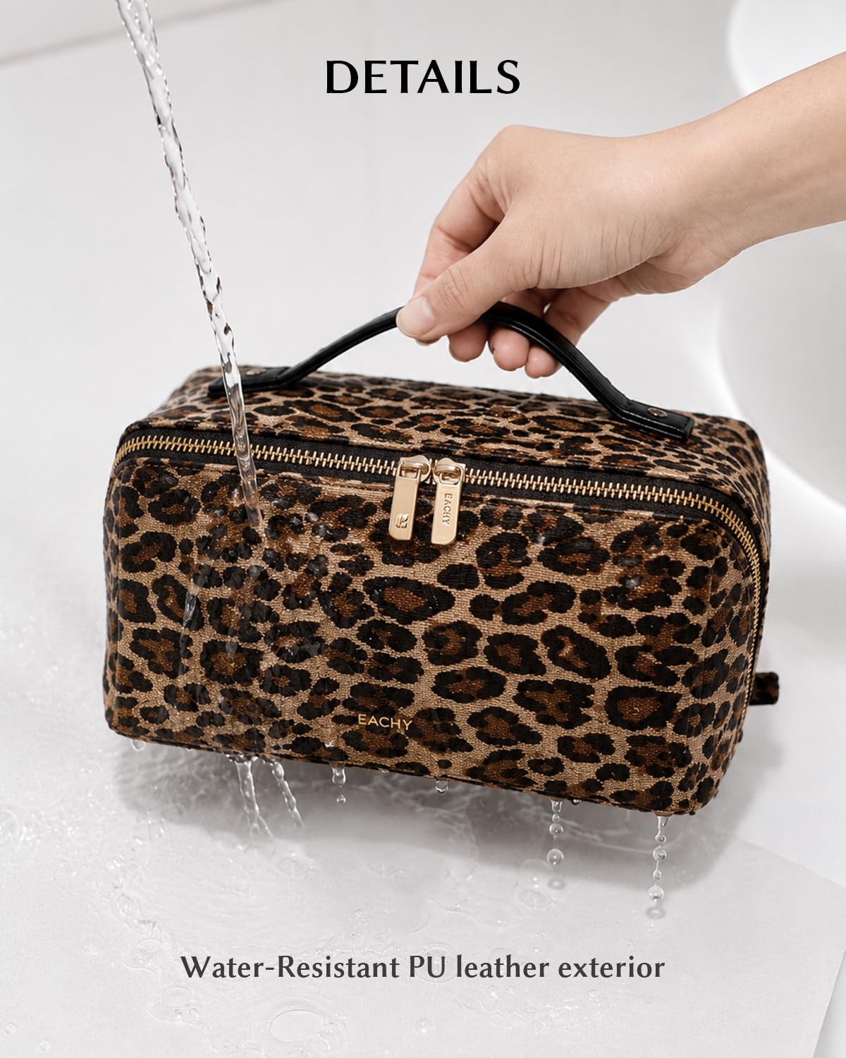 EACHY Travel Makeup Bag open view showing compartments