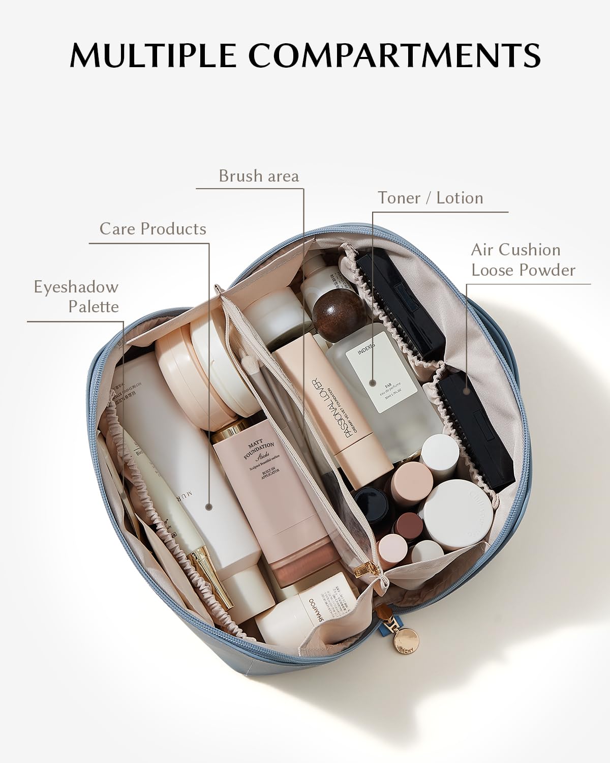 EACHY Travel Makeup Bag opened flat showing inner pockets