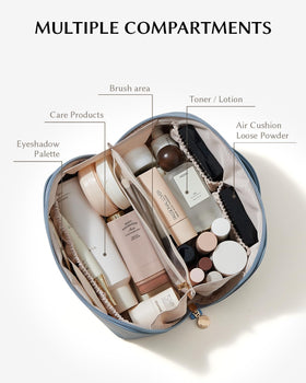 EACHY Travel Makeup Bag opened flat showing inner pockets