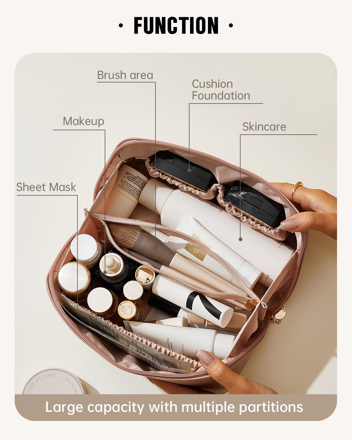 EACHY Travel Makeup Bag opened flat showing spacious interior