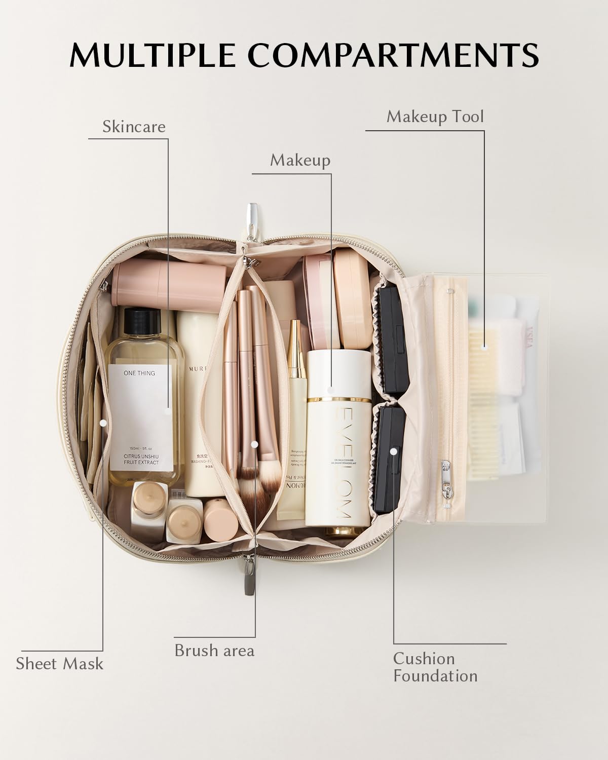 EACHY Travel Makeup Bag showing double zipper design