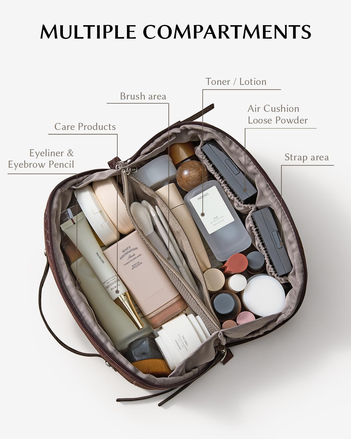 EACHY Travel Makeup Bag showing spacious interior with pockets