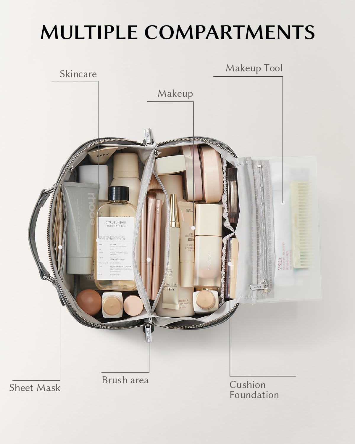 EACHY Travel Makeup Bag side view showcasing storage compartments