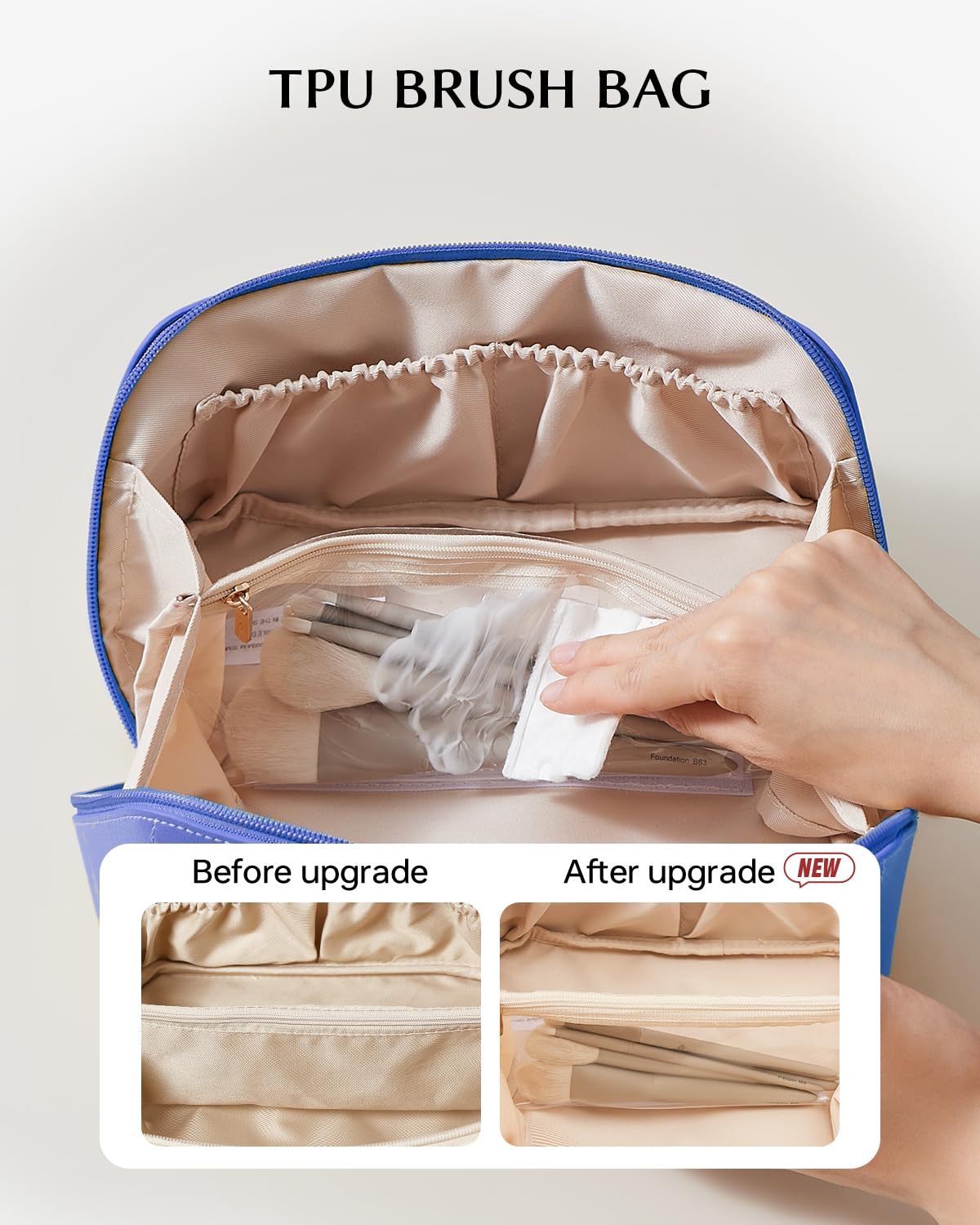EACHY Travel Makeup Bag side view with clear TPU brush compartment