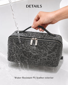 EACHY Travel Makeup Bag side view with water-resistant surface
