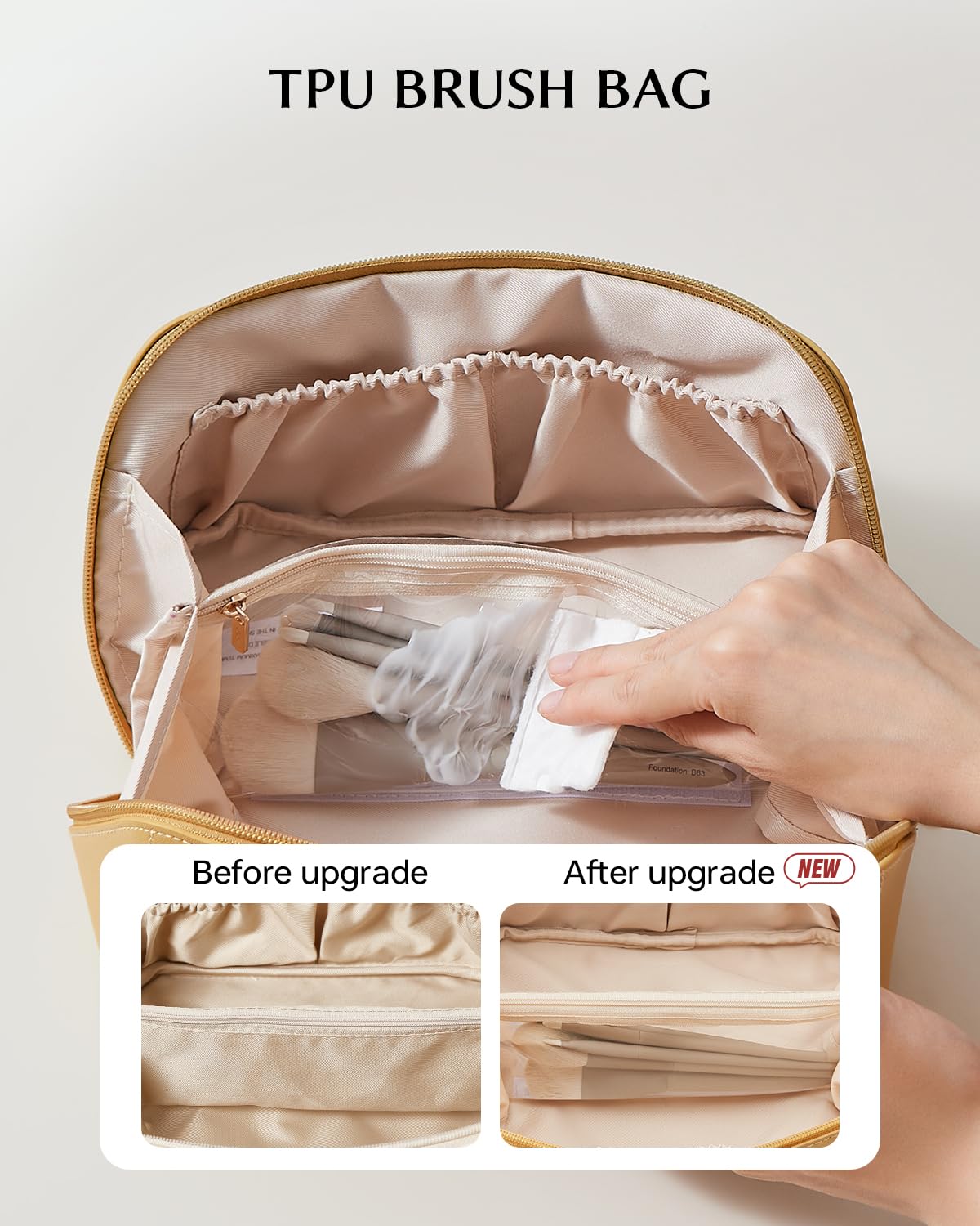 EACHY Travel Makeup Bag with full-size skincare bottles