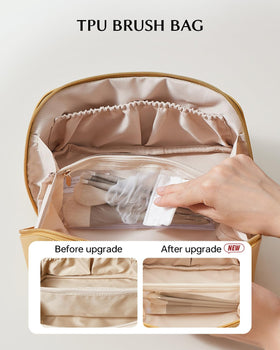 EACHY Travel Makeup Bag with full-size skincare bottles
